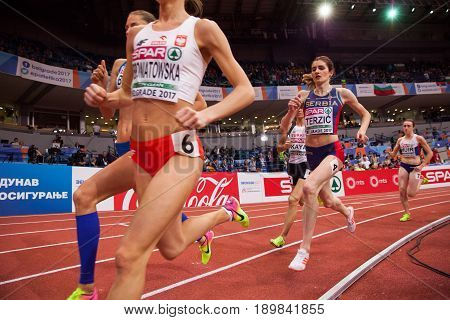 BELGRADE SERBIA - MARCH 3-5 2017: WOMAN 1500M TERZIC AMELA EUROPEAN ATHLETICS INDOOR CHAMPIONSHIPS IN BELGRADE SERBIA
