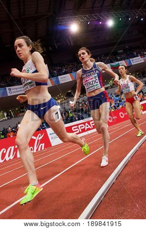 BELGRADE SERBIA - MARCH 3-5 2017: Woman 1500m TERZIC Amela European Athletics Indoor Championships in Belgrade SerbiaBELGRADE SERBIA - MARCH 3-5 2017: WOMAN 1500M TERZIC AMELA EUROPEAN ATHLETICS INDOOR CHAMPIONSHIPS IN BELGRADE SERBIA