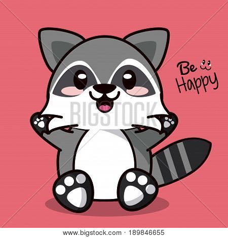 color background with cute kawaii animal raccoon expression happiness vector illustration