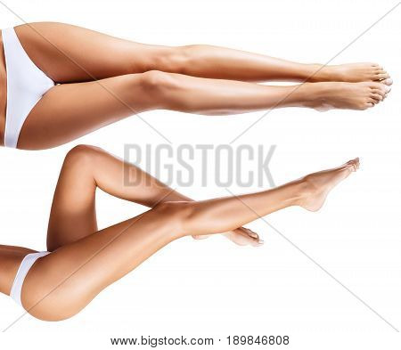 Collage of perfect and beautiful female legs. Isolated on white background.