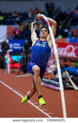 BELGRADE SERBIA - MARCH 3-5 2017: POLE VAULT IVAN HORVAT EUROPEAN ATHLETICS INDOOR CHAMPIONSHIPS IN BELGRADE SERBIA