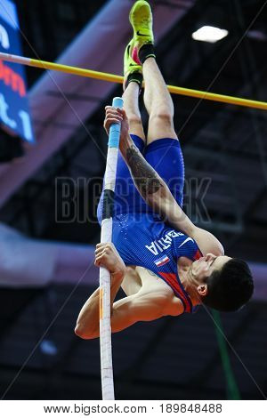 BELGRADE SERBIA - MARCH 3-5 2017: POLE VAULT IVAN HORVAT EUROPEAN ATHLETICS INDOOR CHAMPIONSHIPS IN BELGRADE SERBIA