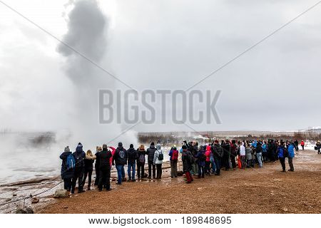 Erupting Of The Great Geysir Lies In Haukadalur Valley