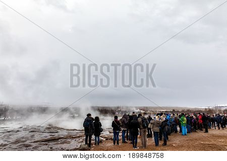 Erupting Of The Great Geysir Lies In Haukadalur Valley