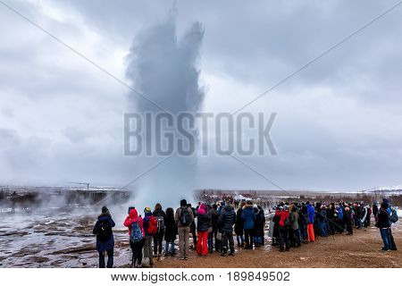 Erupting Of The Great Geysir Lies In Haukadalur Valley