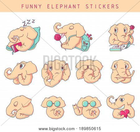 Elephant stickers set, cartoon hand drawn funny patchers with emotions, isolated sticker