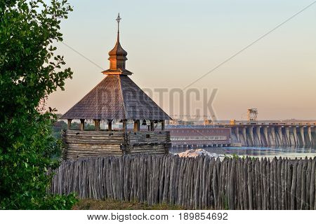 Tower in Ukrainian Zaporozhye Sech. View of the Dnieper and Zaporozhye hydroelectric