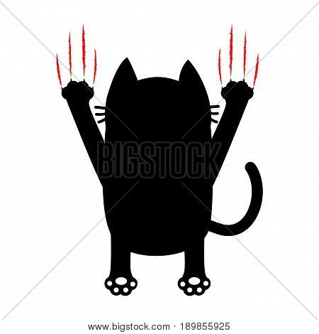 Cartoon black cat. Back view. Red bloody claws animal scratch scrape track. Cute funny character. White background. Isolated. Flat design. Vector illustration