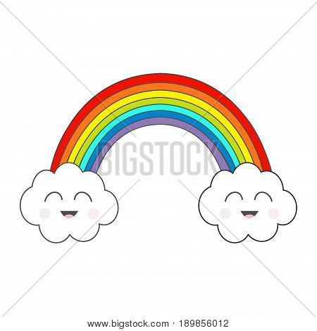Rainbow and two contour clouds. Smiling face emotion. Cute cartoon kawaii character. LGBT sign symbol. Flat design. White background. Isolated. Vector illustration