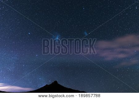 The Starry Sky And Magellanic Clouds Captured Karoo National Park, South Africa, In Winter.