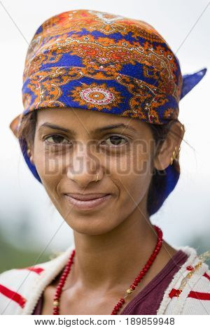 POKHARA NEPAL - OCTOBER 05 2016 : Portrait nepalese woman in traditional dress on the street Pokhara Nepal
