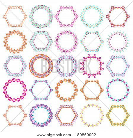 Vector set of tribal colorful round and hexagon decorative frames for design. Aztec ornamental style. Ethnic native american indian ornaments