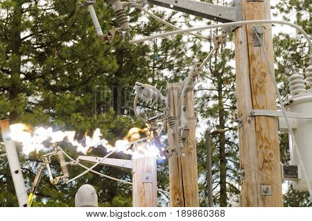 Mead, WA - June 3, 2017: Fire station 92 Wellness day demonstrations, Avista engineers showing dangers of high voltage electricity arcing