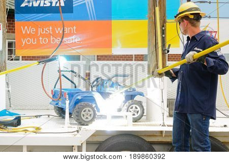Mead, WA - June 3, 2017: Fire station 92 Wellness day demonstrations, Avista engineers showing dangers of high voltage electricity arcing