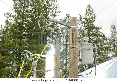 Mead, WA - June 3, 2017: Fire station 92 Wellness day demonstrations, Avista engineers showing dangers of high voltage electricity arcing