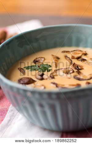 Cream Mushroom Soup in Bowl on Stone Background. Homemade Mushrooms Pottage Puree.