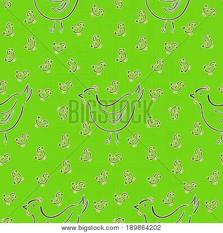 Seamless pattern with hen and chicks silhouettes on green background