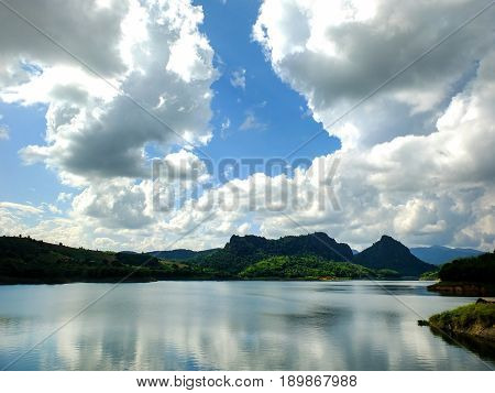 Beautiful mountain surrounded by water.Beautiful natural reservoir.