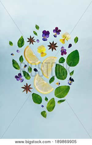Summer Food and Drink - Fruit Lemonade Ingredient Pattern made of Lemon, Fresh Mint and Flowers. Splash Shape with Flying Drink Ingredient. Summer Fruit Drink Ingredient Concept. Flat Lay