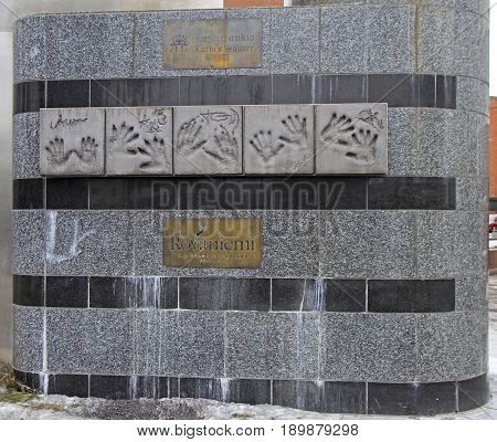 Rovaniemi Finland - April 10 2017: monument with palm prints of musicians of Lordi musical band