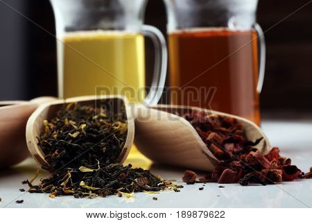 Tea. Herbal Tea. Mint Leaf. Tea In A Glass Cup, Mint Leaves, Dried, Sliced Lime. Herbs On A Slate Pl