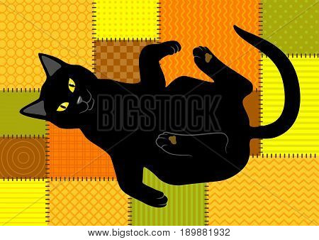 Black cat with yellow eyes lying on patchwork background
