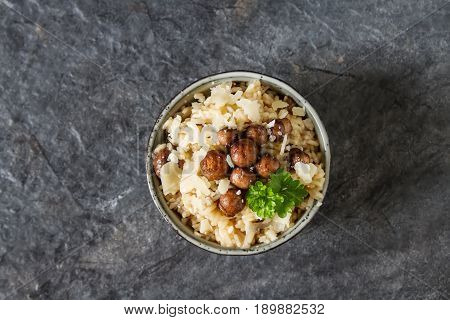 Mushroom Risotto With Parmesan Cheese. Italian Food. Simple Back