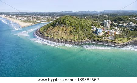 Aerial view of Burleigh Headland National Park, facing the coastline south to Tallebudgerra. Gold Coast, Australia