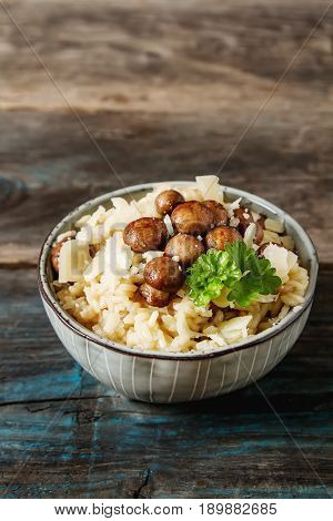 Mushroom Risotto With Parmesan Cheese. Italian Food. Simple Back