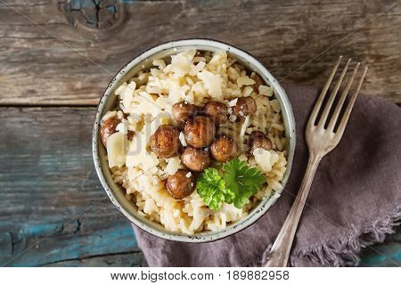 Mushroom Risotto With Parmesan Cheese. Italian Food. Simple Back