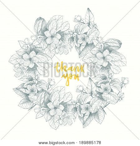 Vintage botanical illustration garden flowers wreath. Engraving style. Hand drawing illustration and words.