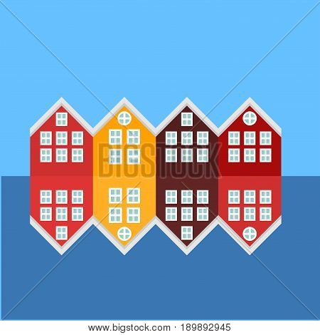 Bergen City sights icons. Norway landmark. View of historical buildings. Wooden colorful buildings.