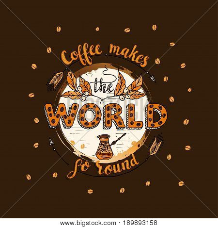Handdrawn COFFEE lettering poster with imprint of a coffee mug. Coffee makes the world qo round.