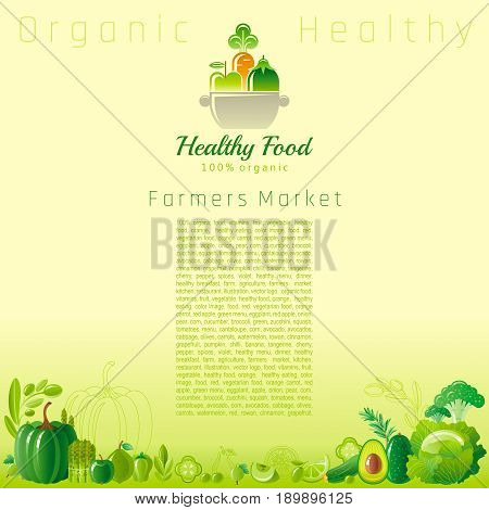 Green autumn farmers market fruit and vegetable vector. Food icons, text lettering cooking logo, oragnic diet icon. Fruits - lime, apple. Vegetables - avocado, cabbage, cucumber, olive, basil, herbs