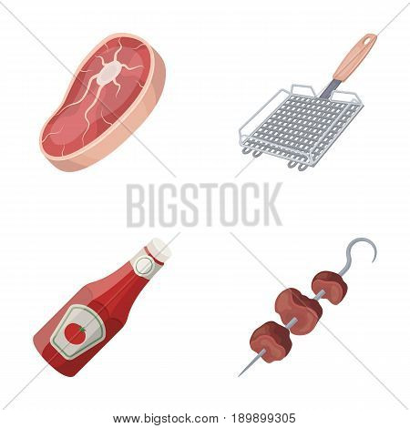 Raw meat steak, grill with handle, bottle of ketchup, shish kebab.BBQ set collection icons in cartoon style vector symbol stock illustration .