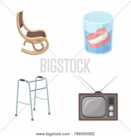 Denture, rocking chair, walker, old TV.Old age set collection icons in cartoon style vector symbol stock illustration .