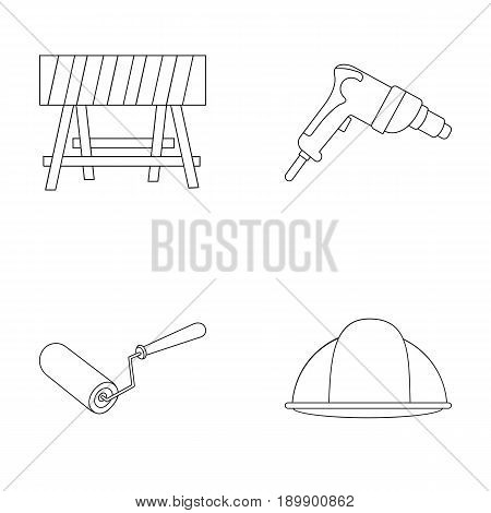 A barrier on the construction site, an electric drill, a roller for painting and a helmet. Build and repair set collection icons in outline style vector symbol stock illustration .