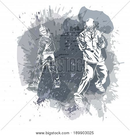 Paint spot with splash. Graffiti guy and raper make street art on wall. Background for flayer web banner print.