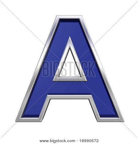 Una carta de cristal azul con sistema de alfabeto marco cromo, aislado en blanco. Generados por computadora 3D 