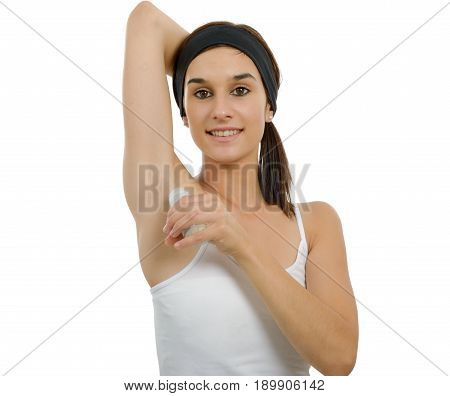 pretty woman with antiperspirant deodorant isolated on white background