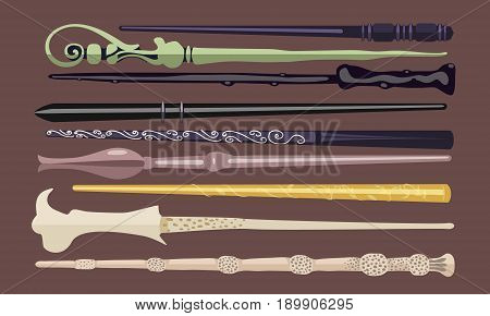 Set of 9 different magic wands for witches and wizards. vintage magic sticks for witchcraft schools and fantasy games