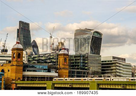 London Panorama Of The City, The View From The Bridge Over The River Thames, Modern And Old Builidng