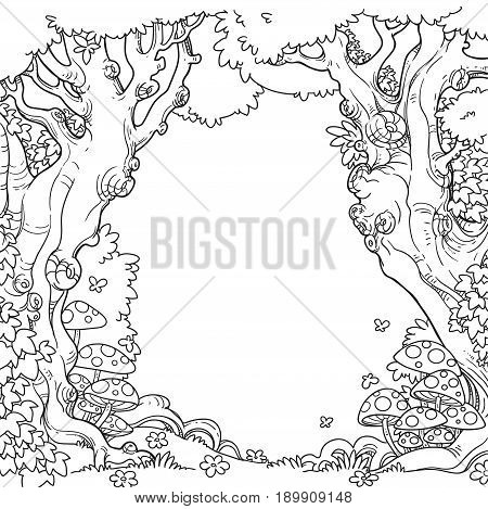Forest Glade With Amanita And Daisies Framed By Trees Linear Art Isolated On Whit