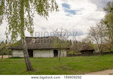 Ancient peasant Ukrainian house in the spring with a thatched roof in the old village of national architecture Ukraine. National Museum Pirogovo in the outdoors near Kiev.