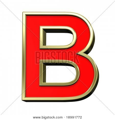 Una letra de rojo con el conjunto de marco brillante oro alfabeto, aislado en blanco. Pho 3D generadas por ordenador