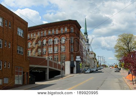 BANGOR, ME, USA - MAY 20, 2016: Historic Blocks at Hammond Street in downtown Bangor, Maine, USA.