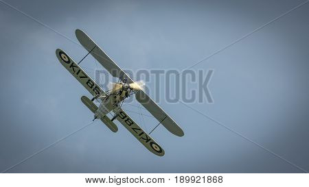 Biggleswade UK - 7th May 2017: Vintage 1928 Hawker Tomtit biplane in flight