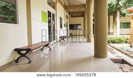 6 June 2017 Pathum Thani Tahiland: Empty walkway at public library,Perspective of empty corridor walkway,Retro design in Pathum Thani.