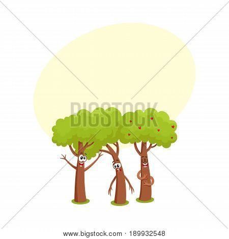 Three funny comic tree characters talking, sad, hussing, garden, love, friendship concept, cartoon vector illustration with space for text. Set of three funny tree characters, mascots