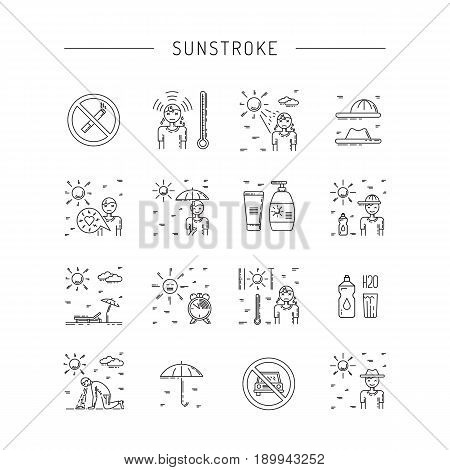 Vector icons on the theme of solar impact and protection measures during exposure to the sun in hot weather. Icons sunstrocke in outline style.